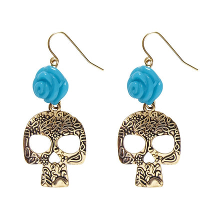 Halloween Oorbellen Blauw Schedels Met Roos van Widmann koop je bij Partywinkel