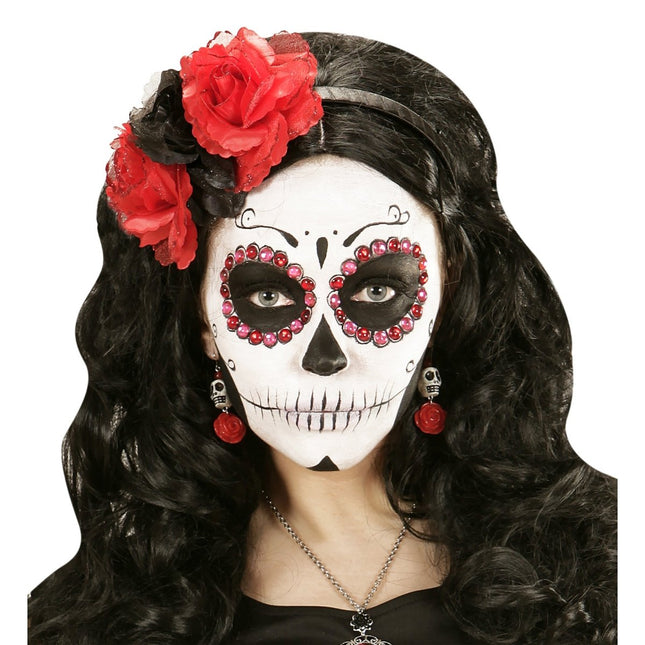 Halloween Oorbellen Rood Wit Schedels Met Roos van Widmann koop je bij Partywinkel