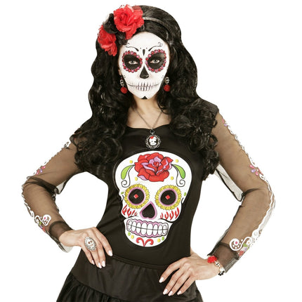 Halloween Oorbellen Rood Wit Schedels Met Roos van Widmann koop je bij Partywinkel