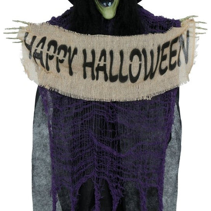 Halloween Pop Hangende Heks Met Bordje 1,10m van Fiestas Guirca koop je bij Partywinkel