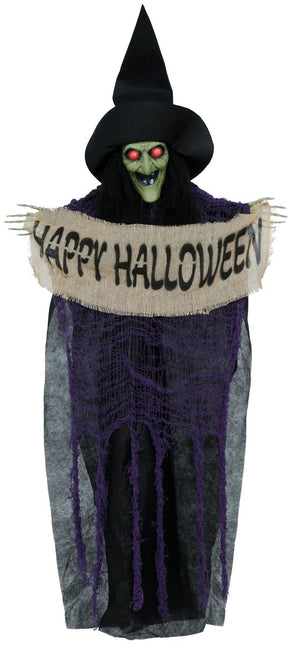 Halloween Pop Hangende Heks Met Bordje 1,10m van Fiestas Guirca koop je bij Partywinkel