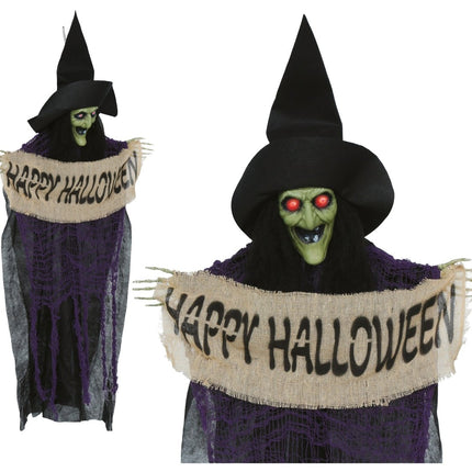 Halloween Pop Hangende Heks Met Bordje 1,10m van Fiestas Guirca koop je bij Partywinkel