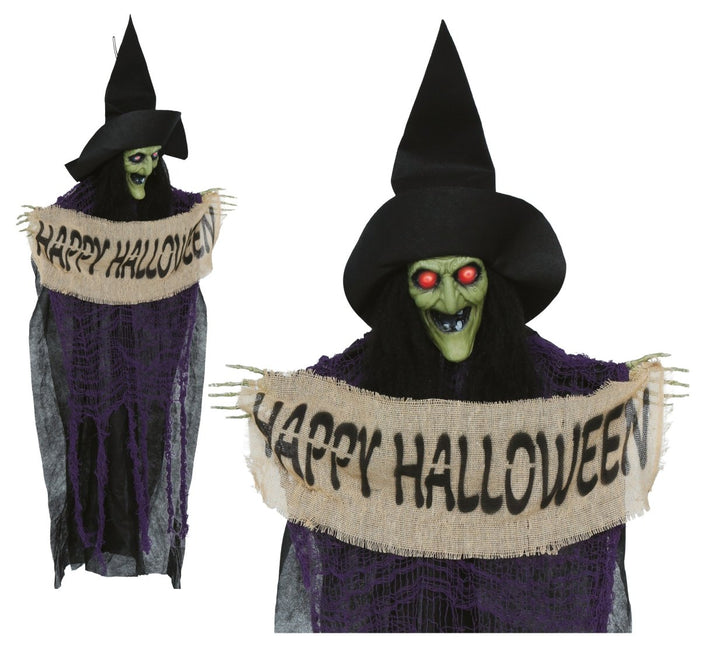 Halloween Pop Hangende Heks Met Bordje 1,10m van Fiestas Guirca koop je bij Partywinkel