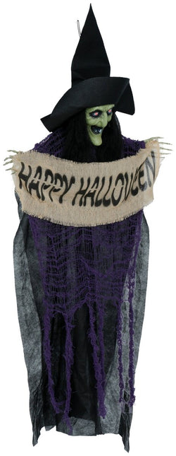 Halloween Pop Hangende Heks Met Bordje 1,10m van Fiestas Guirca koop je bij Partywinkel
