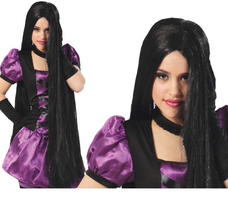 Halloween Pruik Extra Lang Haar Zwart van Fiestas Guirca koop je bij Partywinkel