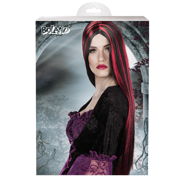 Halloween Pruik Lang Haar Zwart Rood van Boland koop je bij Partywinkel