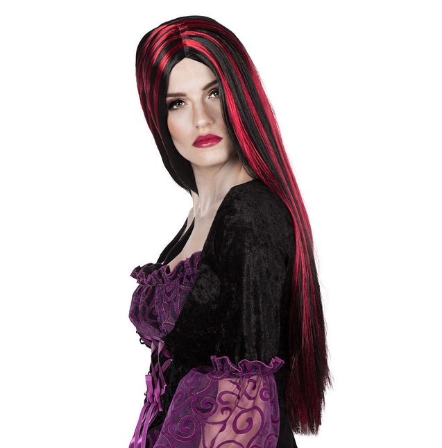 Halloween Pruik Lang Haar Zwart Rood van Boland koop je bij Partywinkel