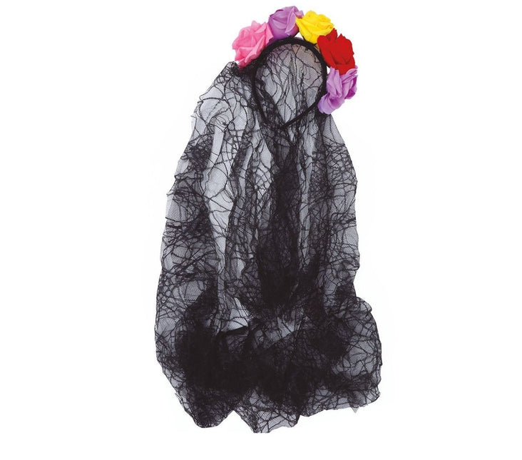 Halloween Tiara Bloemen En Sluier Gekleurd van Fiestas Guirca koop je bij Partywinkel