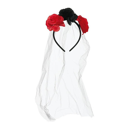 Halloween Tiara Sluier En Bloemen Rood van Fiestas Guirca koop je bij Partywinkel