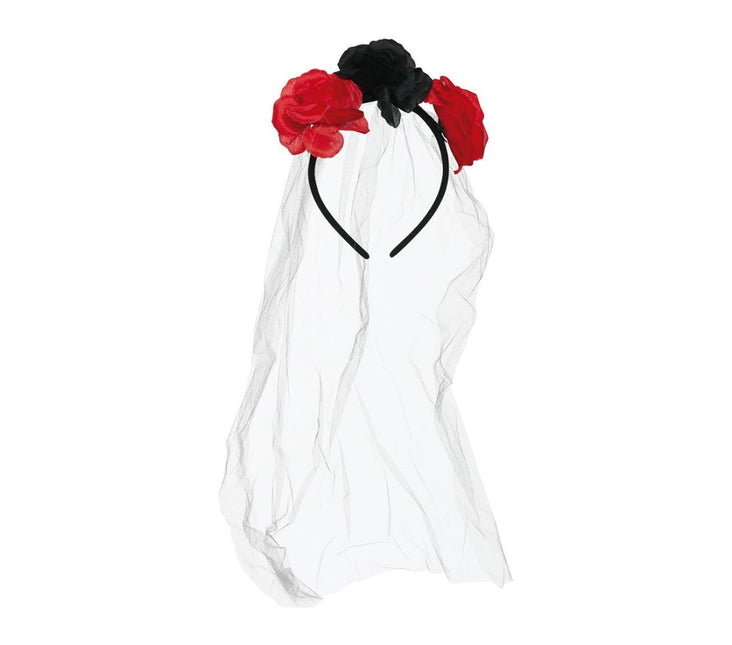 Halloween Tiara Sluier En Bloemen Rood van Fiestas Guirca koop je bij Partywinkel