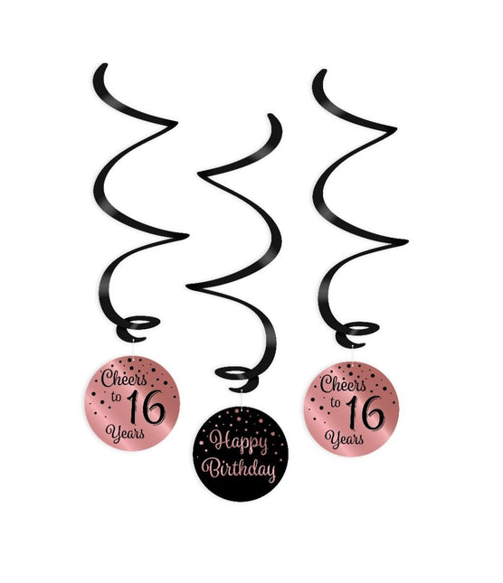 Hangdecoratie 16 Jaar Happy Birthday Zwart Roze 17cm 3st van Paper Dreams koop je bij Partywinkel