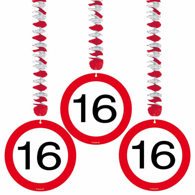 Hangdecoratie 16 Jaar Verkeersbord 75cm 3st van Folat koop je bij Partywinkel