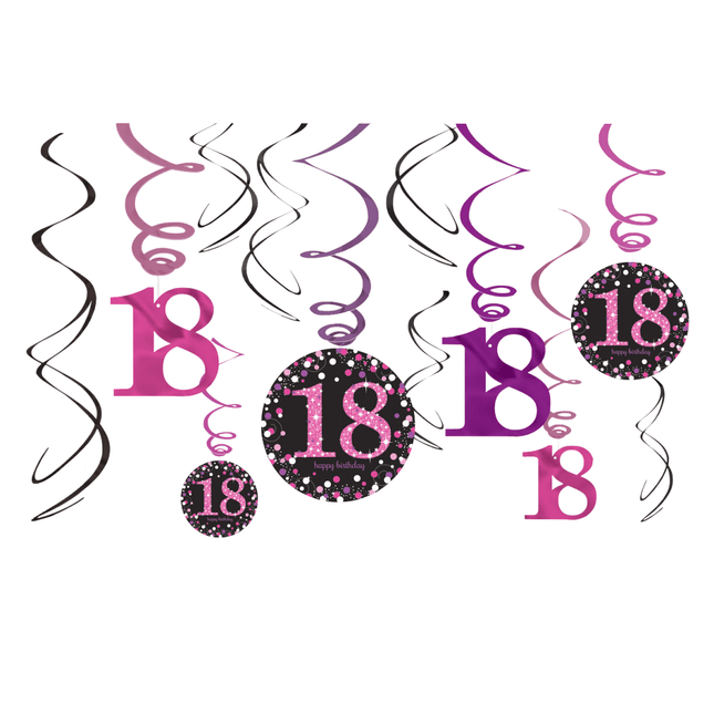 Hangdecoratie 18 Jaar Happy Birthday Roze 61cm 12st van Riethmueller koop je bij Partywinkel