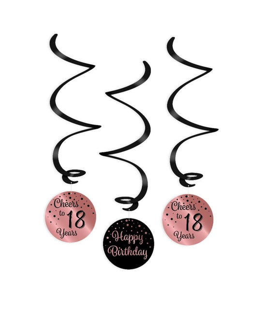 Hangdecoratie 18 Jaar Happy Birthday Zwart Roze 17cm 3st van Paper Dreams koop je bij Partywinkel