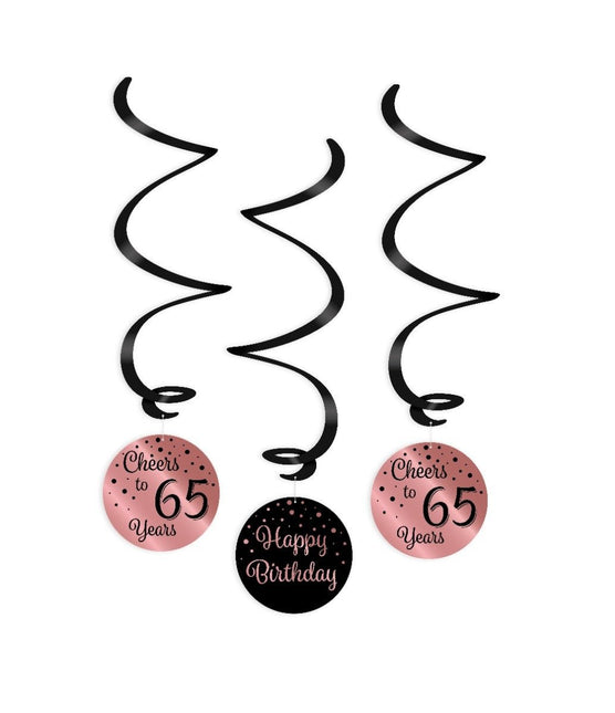 Hangdecoratie 65 Jaar Happy Birthday Zwart Roze 17cm 3st van Paper Dreams koop je bij Partywinkel