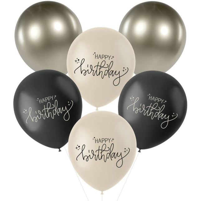 Happy Birthday Ballonnen Zwart 33cm 6st van Folat koop je bij Partywinkel