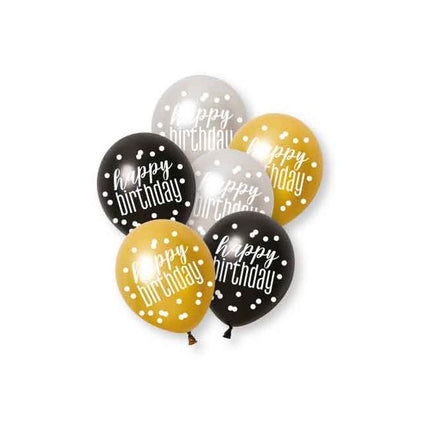 Happy Birthday Ballonnen Zwart Goud Zilver 30cm 6st van Unique koop je bij Partywinkel
