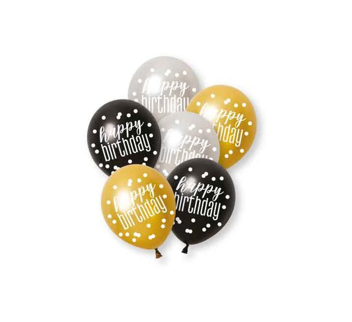 Happy Birthday Ballonnen Zwart Goud Zilver 30cm 6st van Unique koop je bij Partywinkel