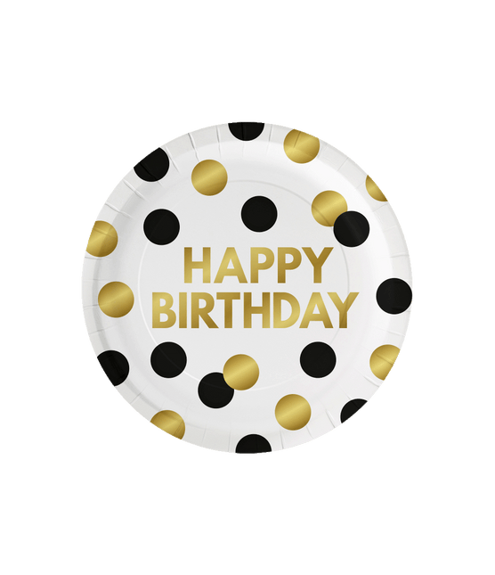 Happy Birthday Borden Zwart Goud Stippen 23cm 8st van Paper Dreams koop je bij Partywinkel