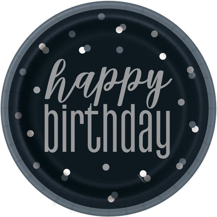 Happy Birthday Borden Zwart Stippen 22,2cm 8st van Unique koop je bij Partywinkel