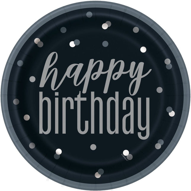 Happy Birthday Borden Zwart Stippen 22,2cm 8st van Unique koop je bij Partywinkel
