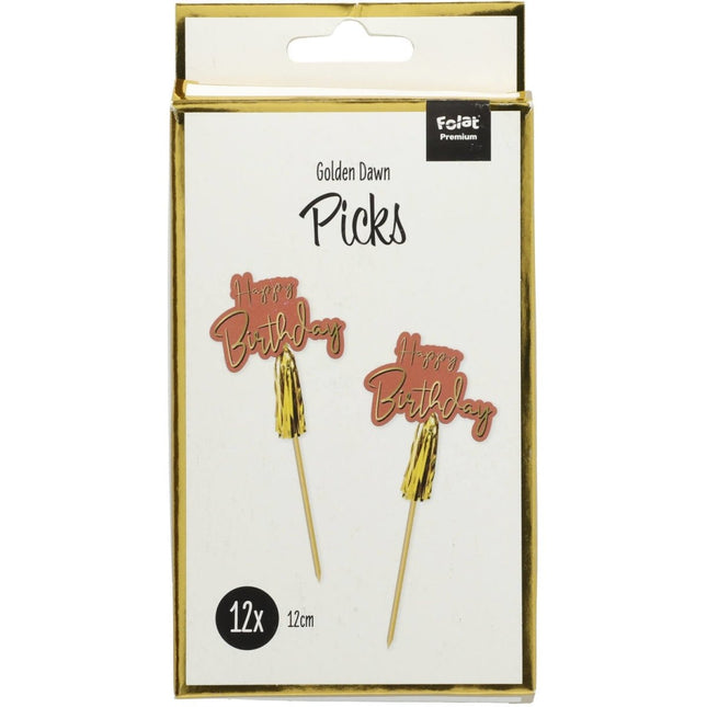 Happy Birthday Cocktailprikkers Golden Dusk 12cm 12st van Folat koop je bij Partywinkel