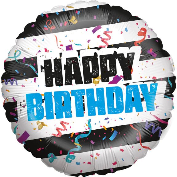 Happy Birthday Helium Ballon Zwart Wit Gestreept Leeg 45cm van VDV Benefit koop je bij Partywinkel