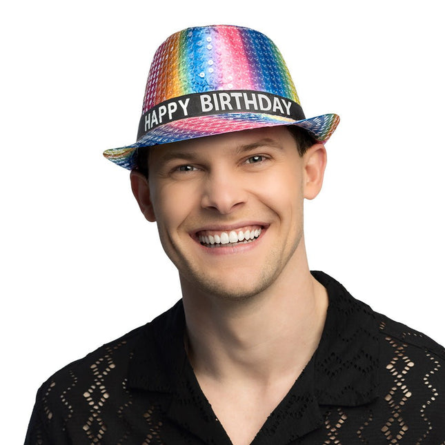 Happy Birthday Hoed Regenboog Pailletten van Boland koop je bij Partywinkel