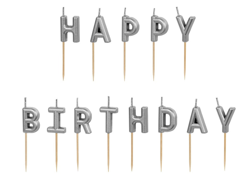 Happy Birthday Kaarsen Zilver 7cm van Partydeco koop je bij Partywinkel