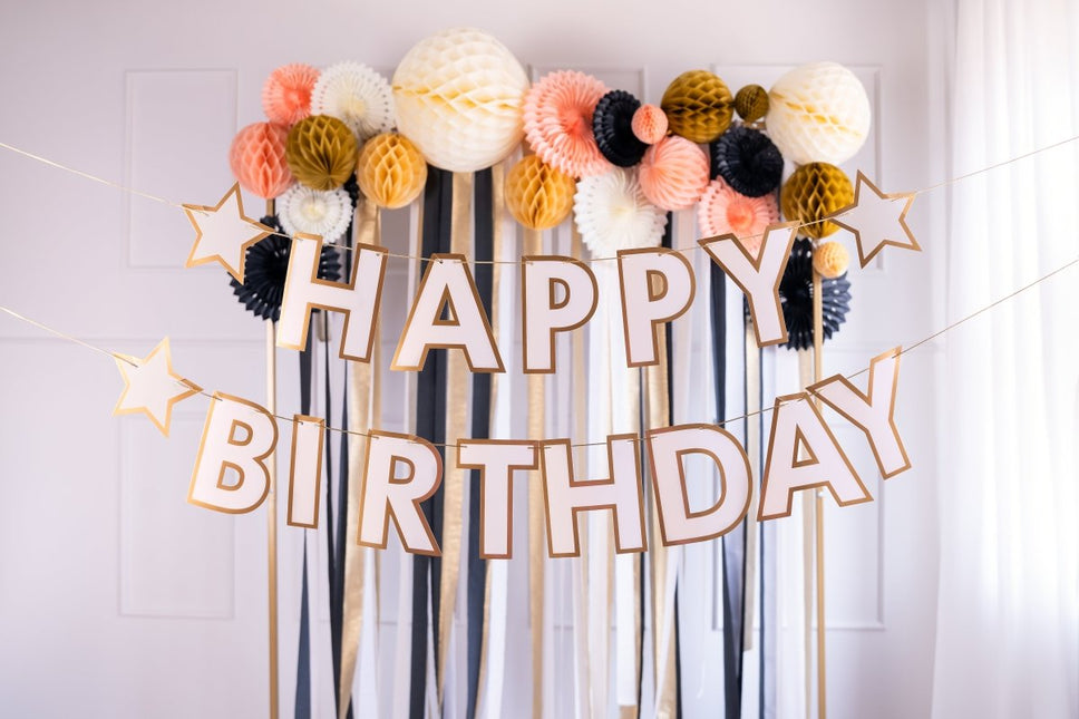 Happy Birthday Letterslinger Wit Goud 3m van Partydeco koop je bij Partywinkel