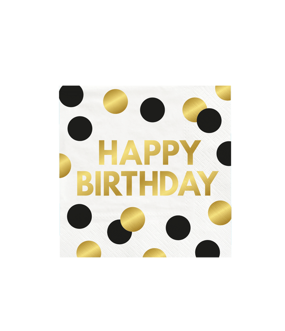 Happy Birthday Servetten Goud Zwart 16cm 16st van Paper Dreams koop je bij Partywinkel