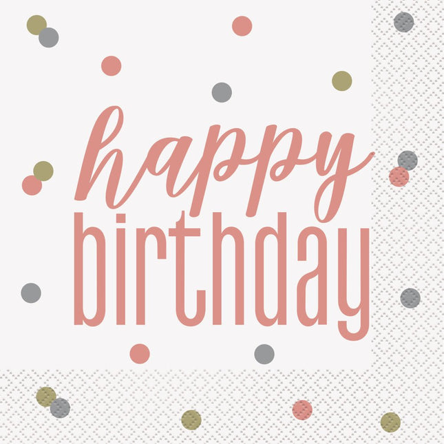 Happy Birthday Servetten Rose Goud 33cm 16st van Unique koop je bij Partywinkel