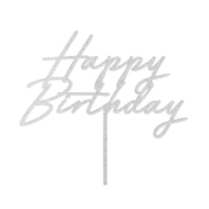 Happy Birthday Taarttopper Zilver Glitter 18cm van Partydeco koop je bij Partywinkel