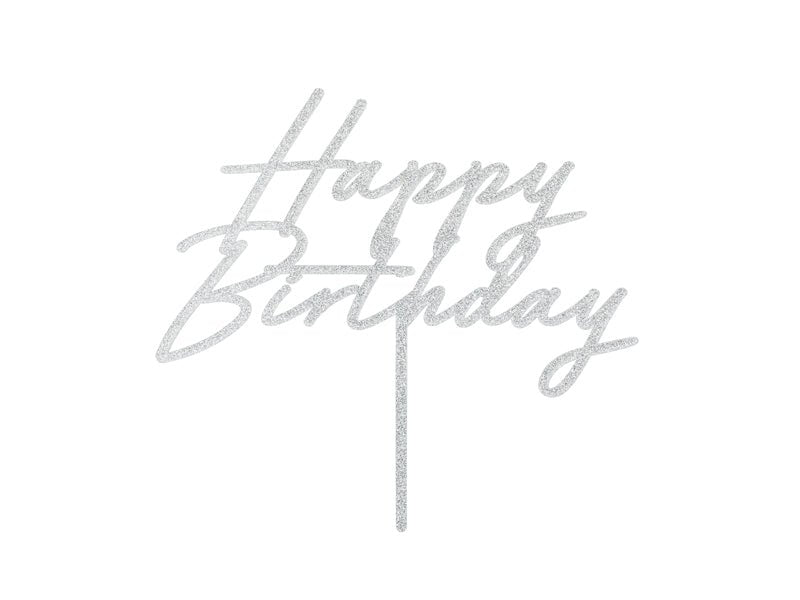 Happy Birthday Taarttopper Zilver Glitter 18cm van Partydeco koop je bij Partywinkel