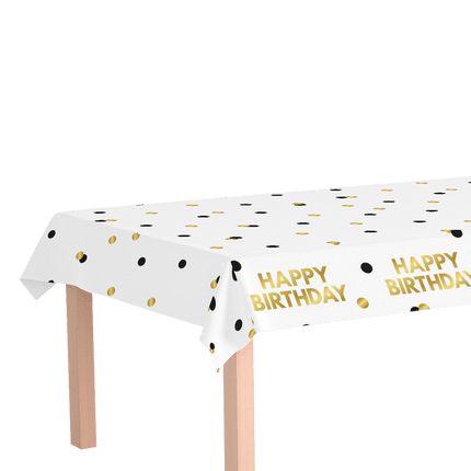 Happy Birthday Tafelkleed Stippen 2,74m van Paper Dreams koop je bij Partywinkel