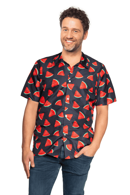 Hawaii Blouse Zwart Rood Meloen van Partychimp koop je bij Partywinkel
