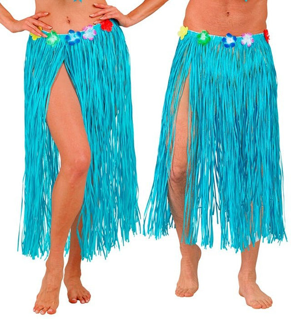 Hawaiirokje Lichtblauw Met Bloemenriem 80cm van Widmann koop je bij Partywinkel