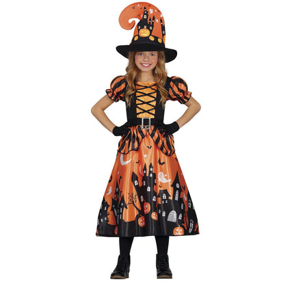 Heks Halloween Kostuum Meisje Pompoen Oranje van Fiestas Guirca koop je bij Partywinkel