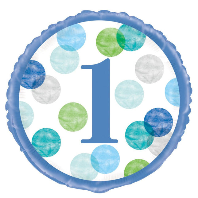 Helium Ballon 1 Jaar Blauw Stippen 45cm van Unique koop je bij Partywinkel