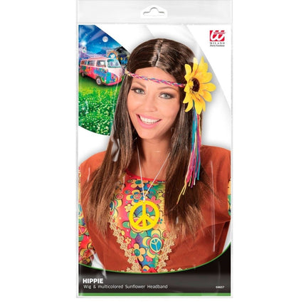 Hippie 60S Pruik Bruin Met Zonnebloem Haarband van Widmann koop je bij Partywinkel