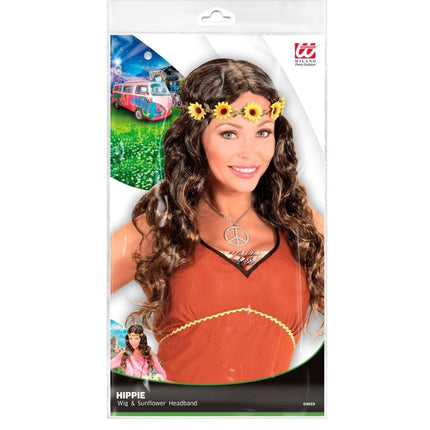 Hippie 60S Pruik Bruin Met Zonnebloemen Haarband van Widmann koop je bij Partywinkel