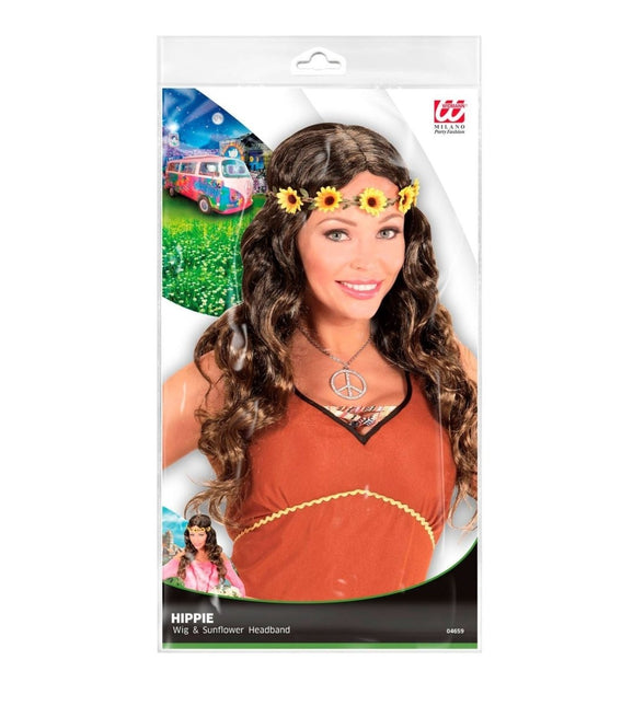 Hippie 60S Pruik Bruin Met Zonnebloemen Haarband van Widmann koop je bij Partywinkel