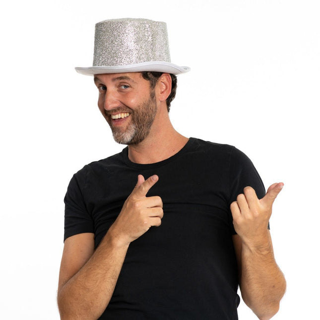Hoge Hoed Glitter Zilver van Partychimp koop je bij Partywinkel