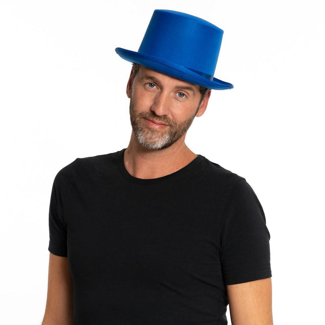 Hoge Hoed Satijn Blauw van Partychimp koop je bij Partywinkel