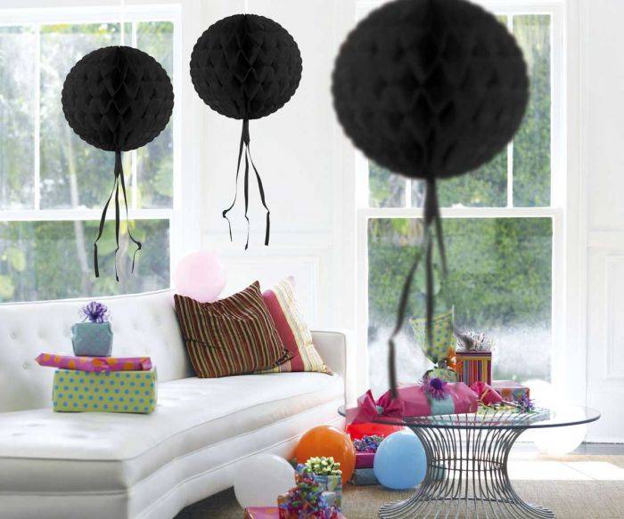 Honeycomb Bal Zwart Franje 30cm van Folat koop je bij Partywinkel