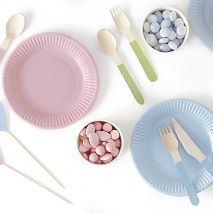 Houten Bestek Gekleurd Pastel 16cm 18 delig van Partydeco koop je bij Partywinkel