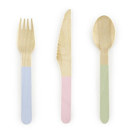 Houten Bestek Gekleurd Pastel 16cm 18 delig van Partydeco koop je bij Partywinkel
