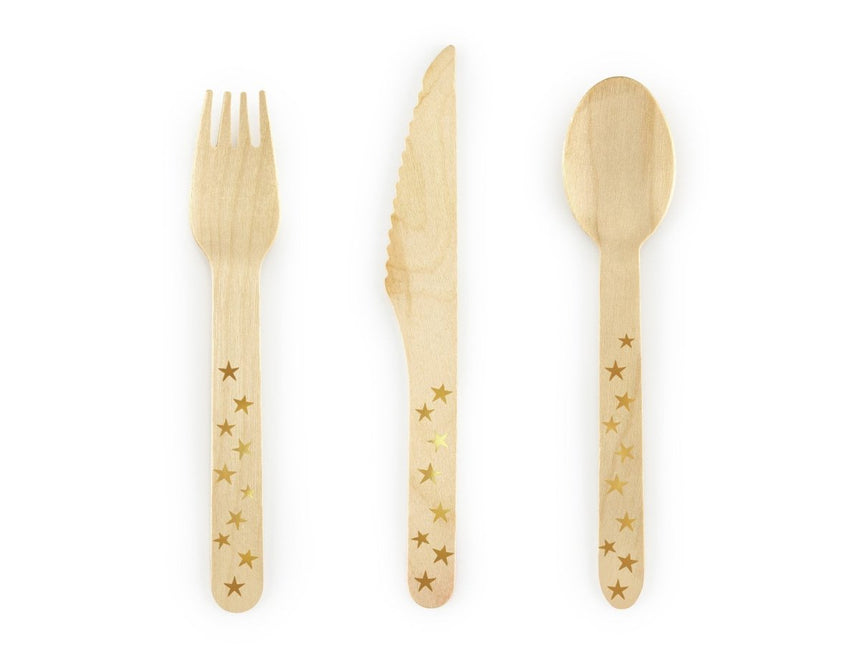 Houten Bestek Goud 16cm 18 delig van Partydeco koop je bij Partywinkel