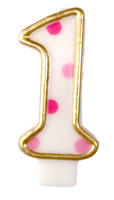 Kaars 1 Jaar Roze Stippen 8,5cm van Haza Witbaard koop je bij Partywinkel