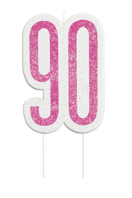 Kaars 90 Jaar Glitter Roze 8,5cm van Unique koop je bij Partywinkel
